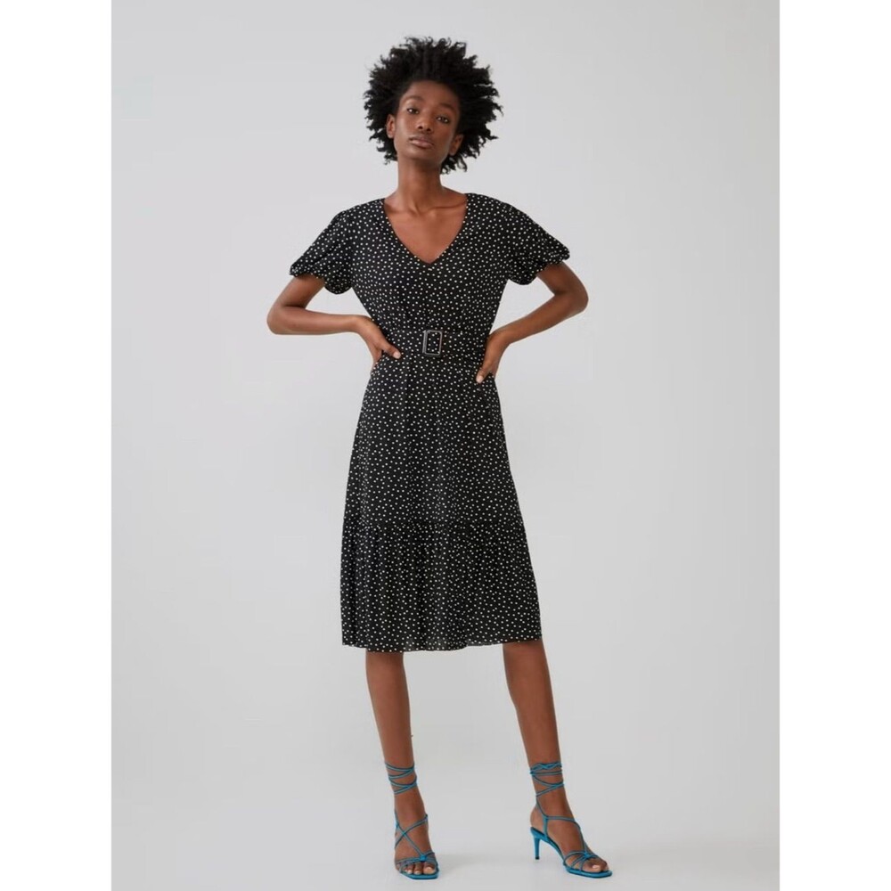 Zara Midi dress with V-neck, short puff sleeves, polka-dot print, and belt sz M - Picture 1 of 13